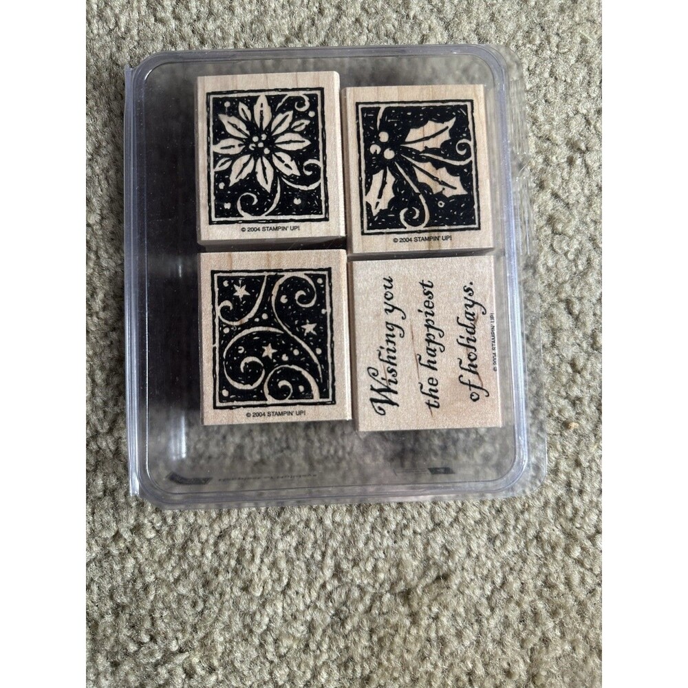 2004 Stampin Up HAPPIEST HOLIDAYS Set of 4 Wood Rubber Stamps Christmas-Holly